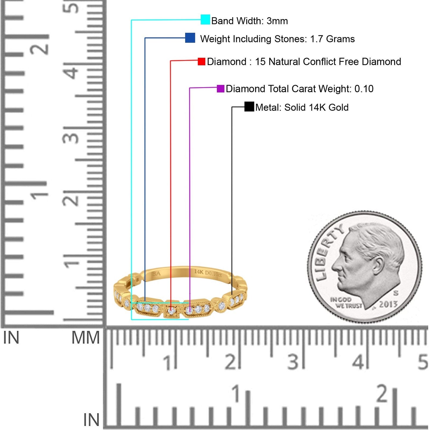 14K Yellow Gold Stacking Eternity Art Deco 3mm Wedding Band Natural Diamond Engagement Ring 0.10ct G SI-Size 6.5