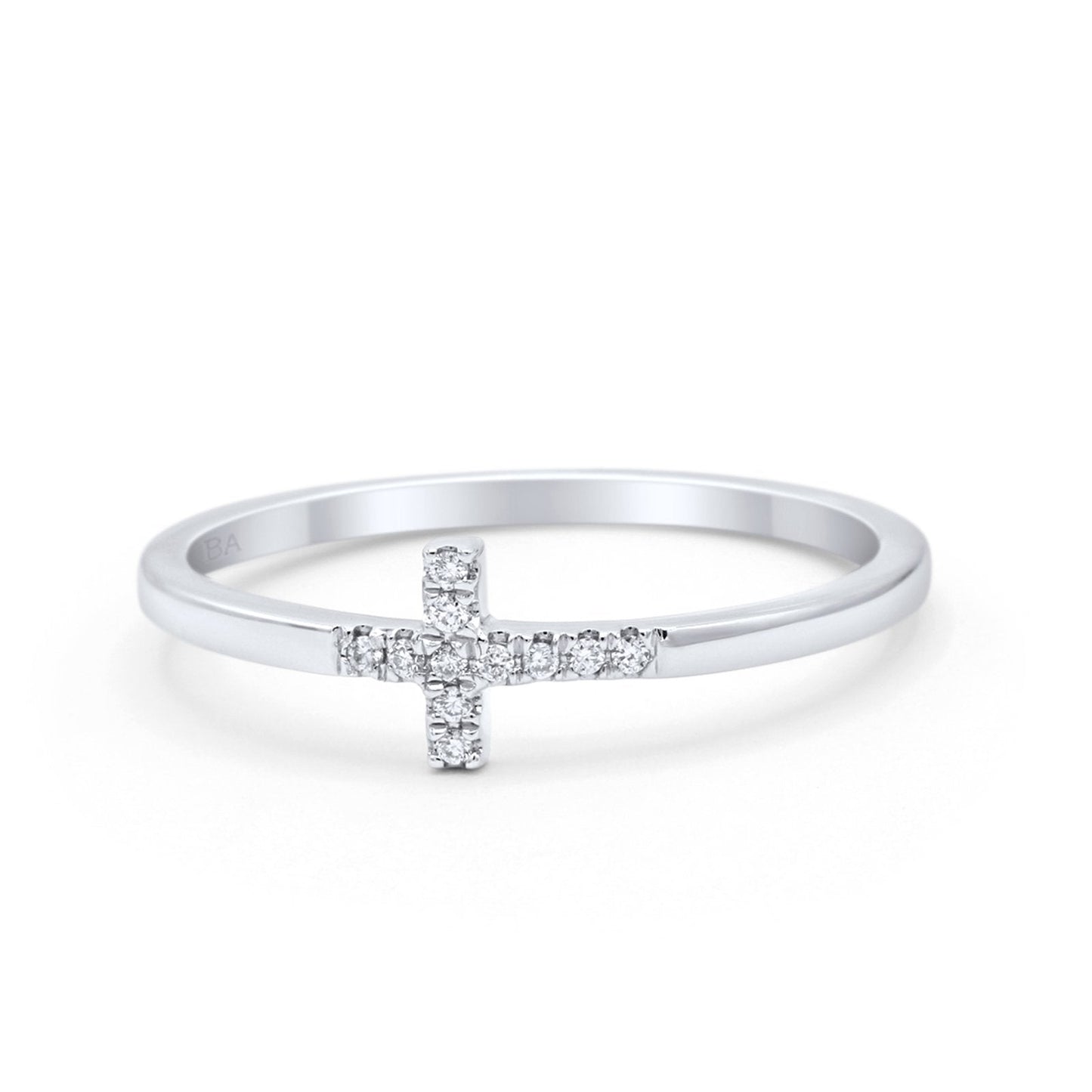 14K Gold Petite Dainty Religous Sideways Cross Ring Round Natural Diamond 0.04ct G SI - Size 6.5