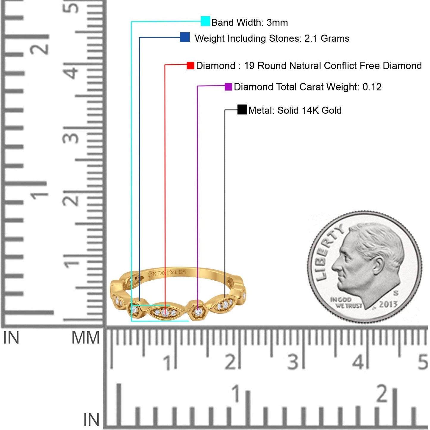 14k Yellow Gold .12ct Round Conflict Free Natural Diamond Half Eternity Band Marquise Art Deco 3mm Wedding Engagement Ring- Size 6.5