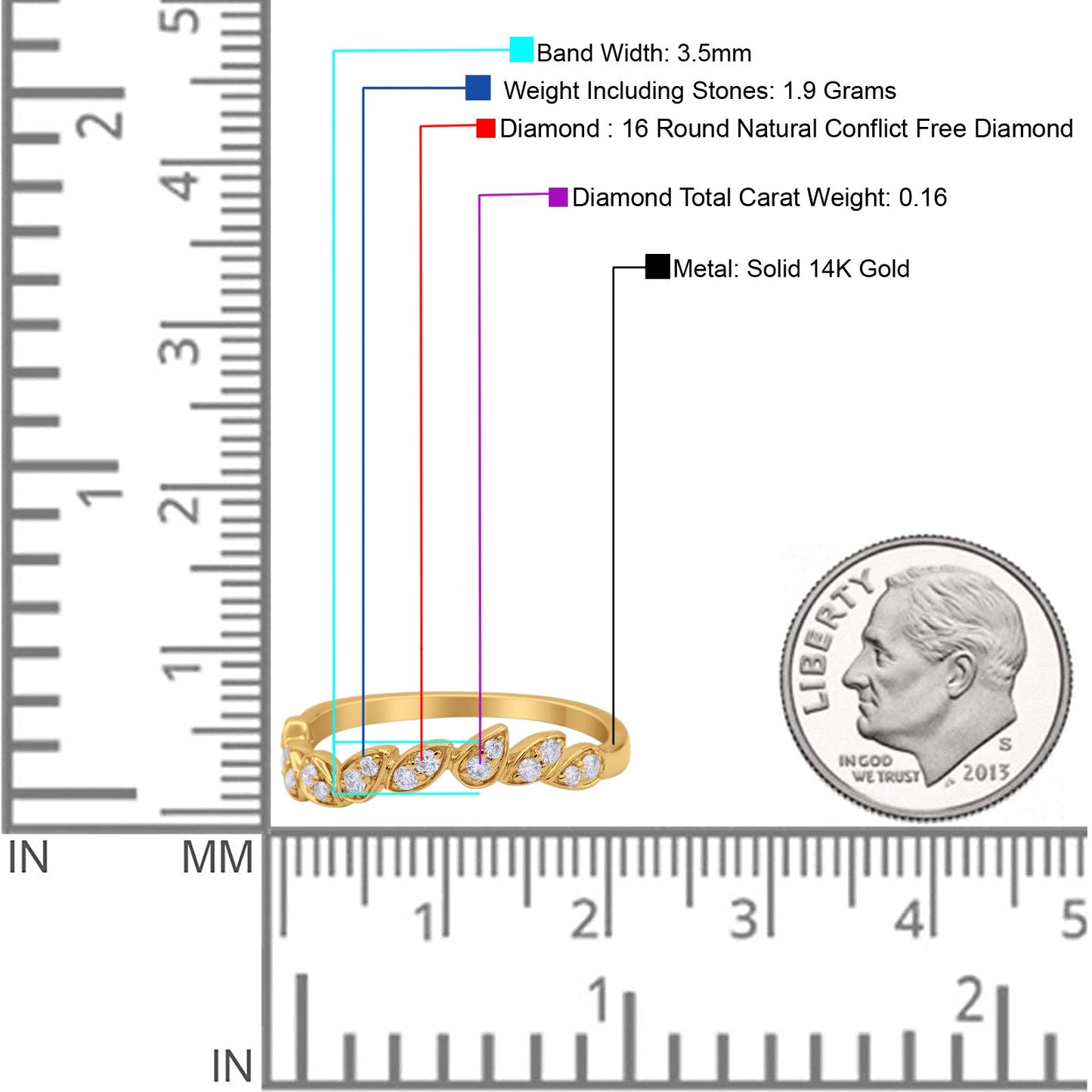 14k Yellow Gold 0.16ct Round Natural Round Eternity Band Marquise Art Deco 3mm Curved Contour Leaves Wedding Band Engagement Ring- Size 6.5