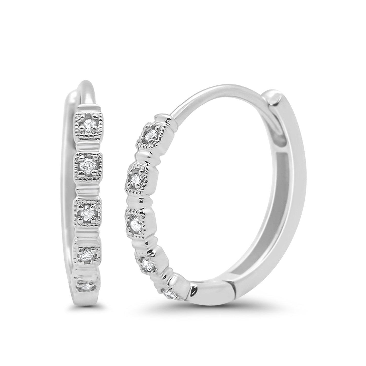 14K White Gold .07ct Diamond Hoop Huggie Earrings