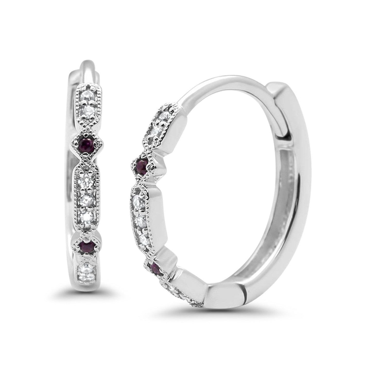 14k White Gold Diamond & Ruby .08ct G SI Hoop Huggie Earrings