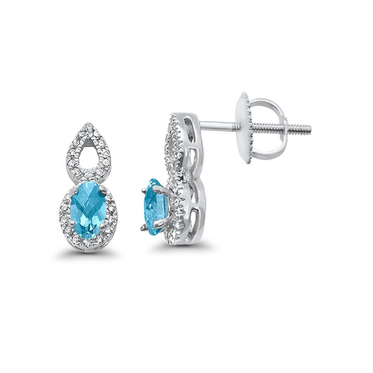 10K White Gold Blue Topaz & Diamond 0.49cts Oval Earrings