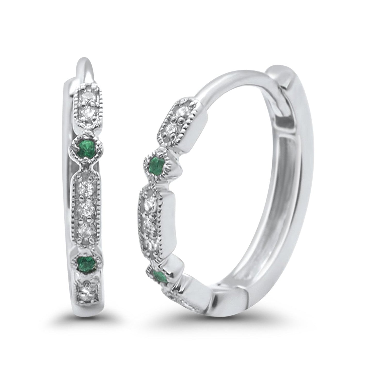 14K White Gold Emerald .10cts Antique Style Hoop Huggie Diamond Earring