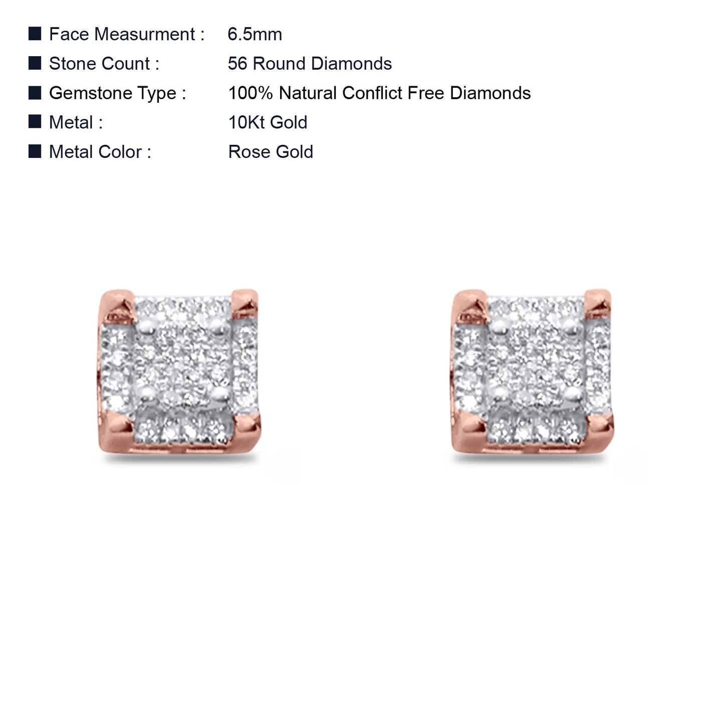 Diamond Stud Earrings 0.15ct Square Micro Pave 10K Rose Gold Wholesale