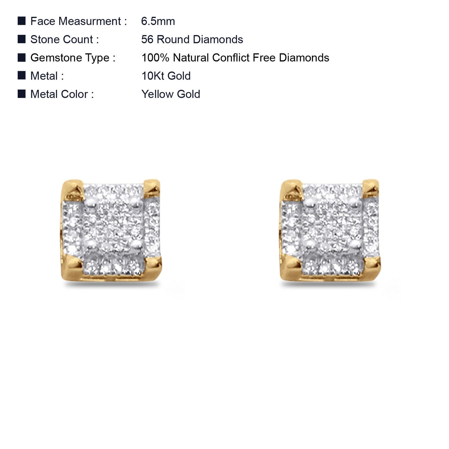 Diamond Stud Earrings 0.15ct Square Micro Pave 10K Yellow Gold Wholesale