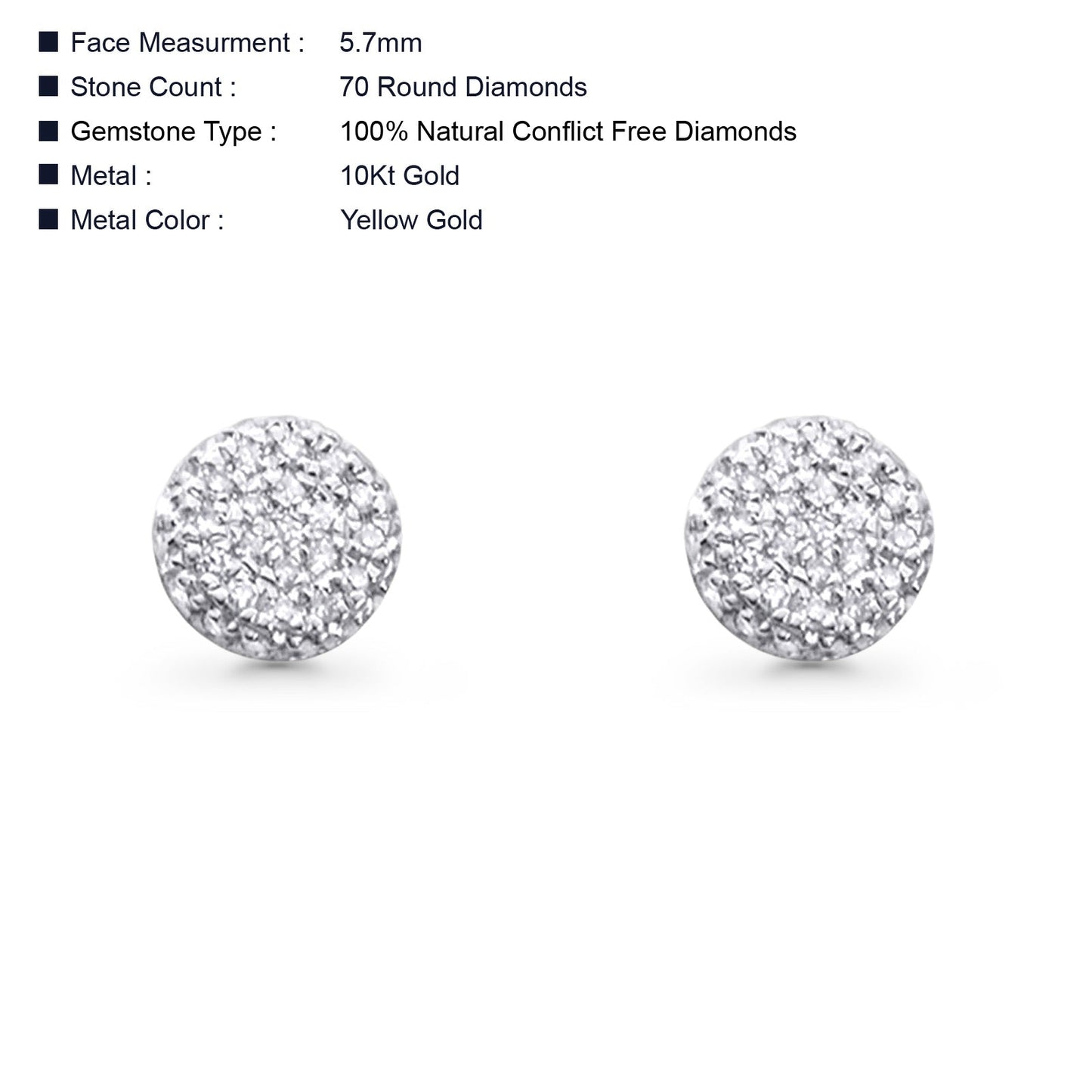 Solid 10K Yellow Gold 5.7mm Round Micro Pave Classic Diamond Stud Earring With Screw Backing Wholesale