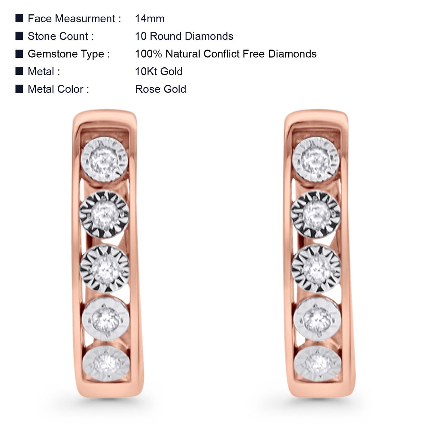 Wholesale Solid 10K Rose Gold 14mm Round Diamond Hoop Huggie Earrings With Post And Click Backing