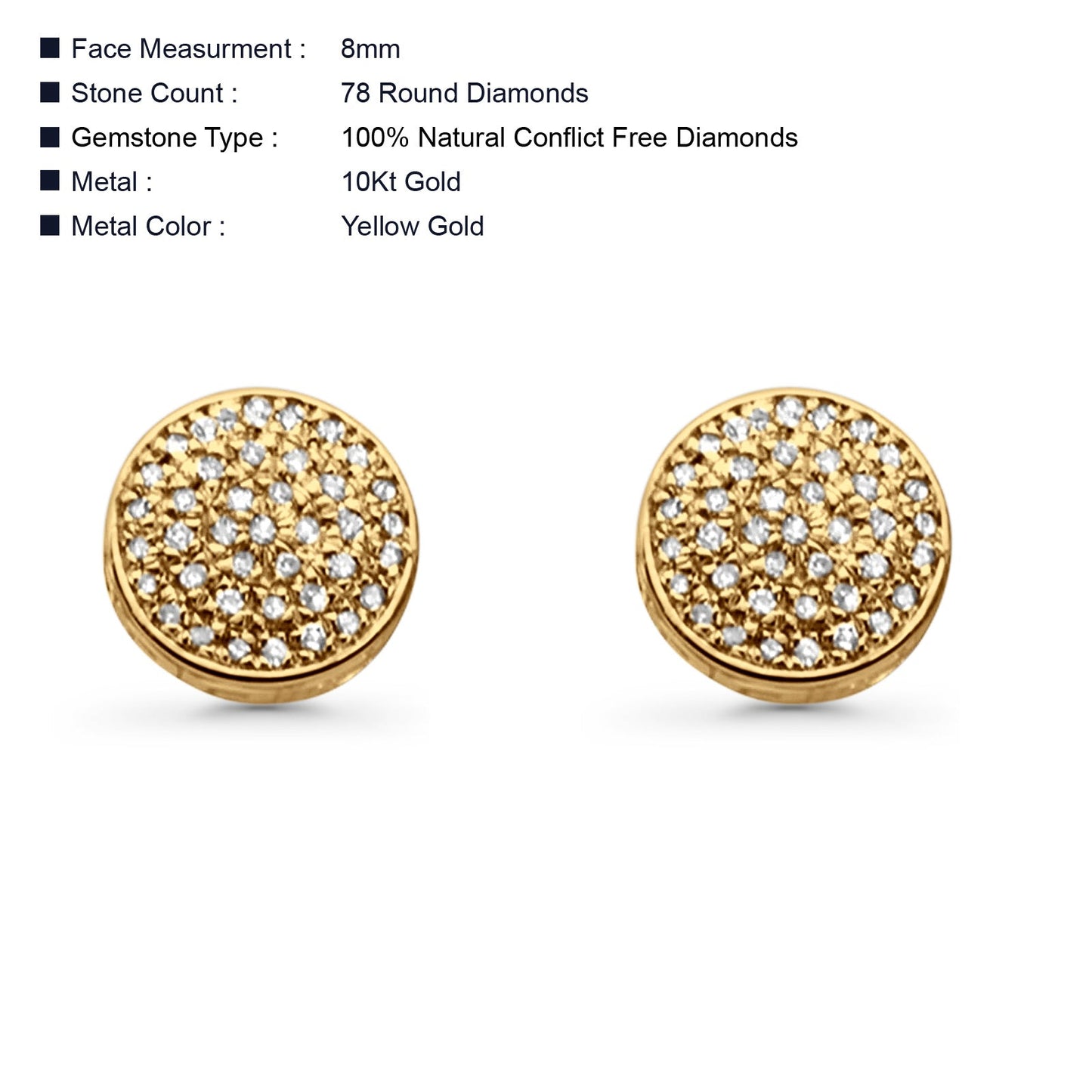 Solid 10K Yellow Gold 8mm Micro Pave Round Classic Diamond Stud Earring With Screw Backing Wholesale