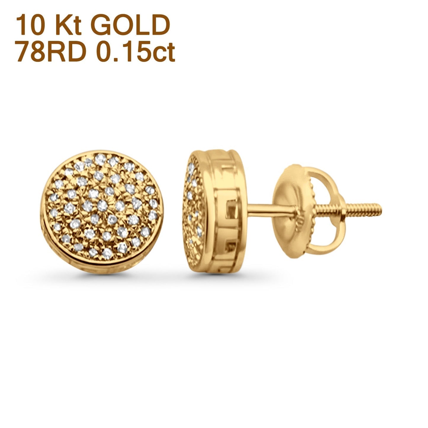 Solid 10K Yellow Gold 8mm Micro Pave Round Classic Diamond Stud Earring With Screw Backing Wholesale