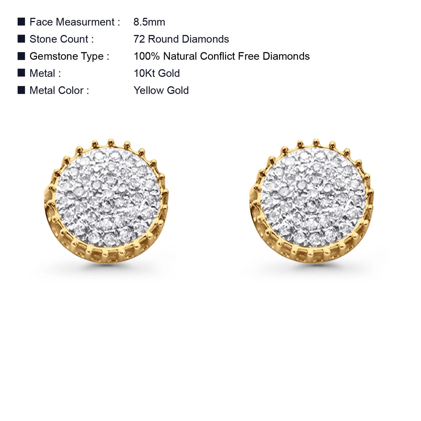 Solid 10K Yellow Gold 8.5mm Micro Pave Diamond Stud Earring Wholesale