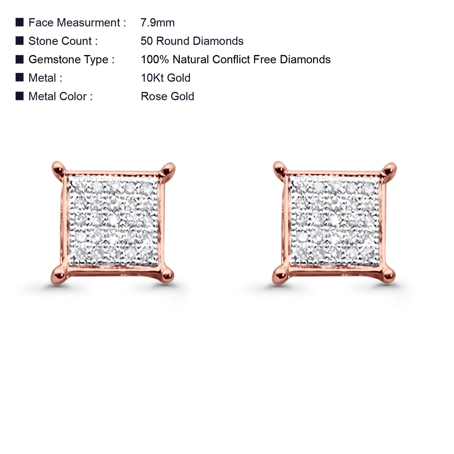 Solid 10K Rose Gold 7.9mm Square Micro Pave Diamond Stud Earring Wholesale