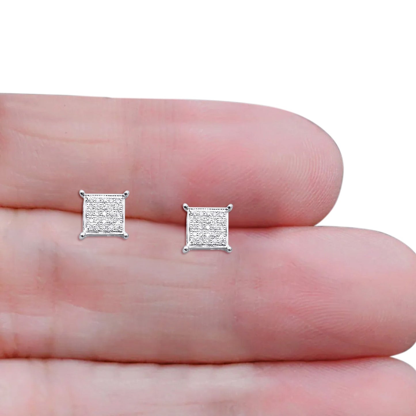 Solid 10K White Gold 7.9mm Square Micro Pave Diamond Stud Earring Wholesale