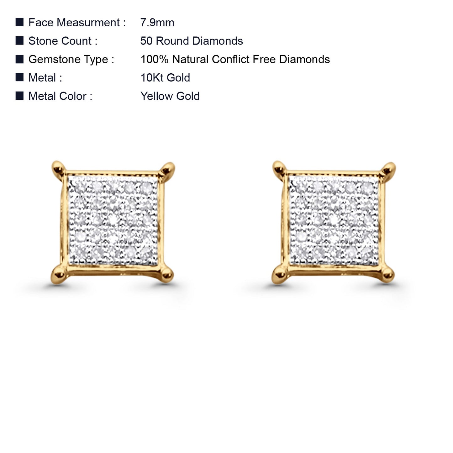 Solid 10K Yellow Gold 7.9mm Square Micro Pave Diamond Stud Earring Wholesale