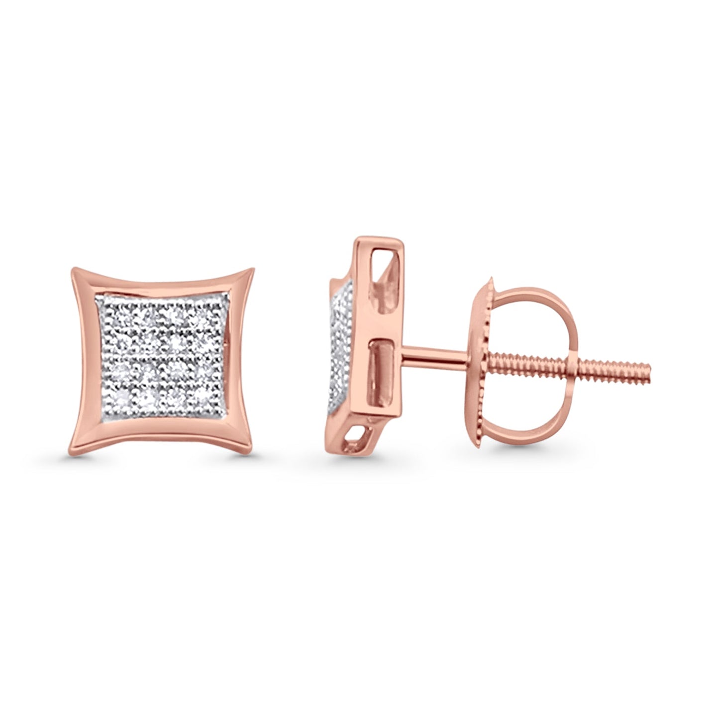 Solid 10K Rose Gold 7.1mm Square Micro Pave Diamond Stud Earring Wholesale