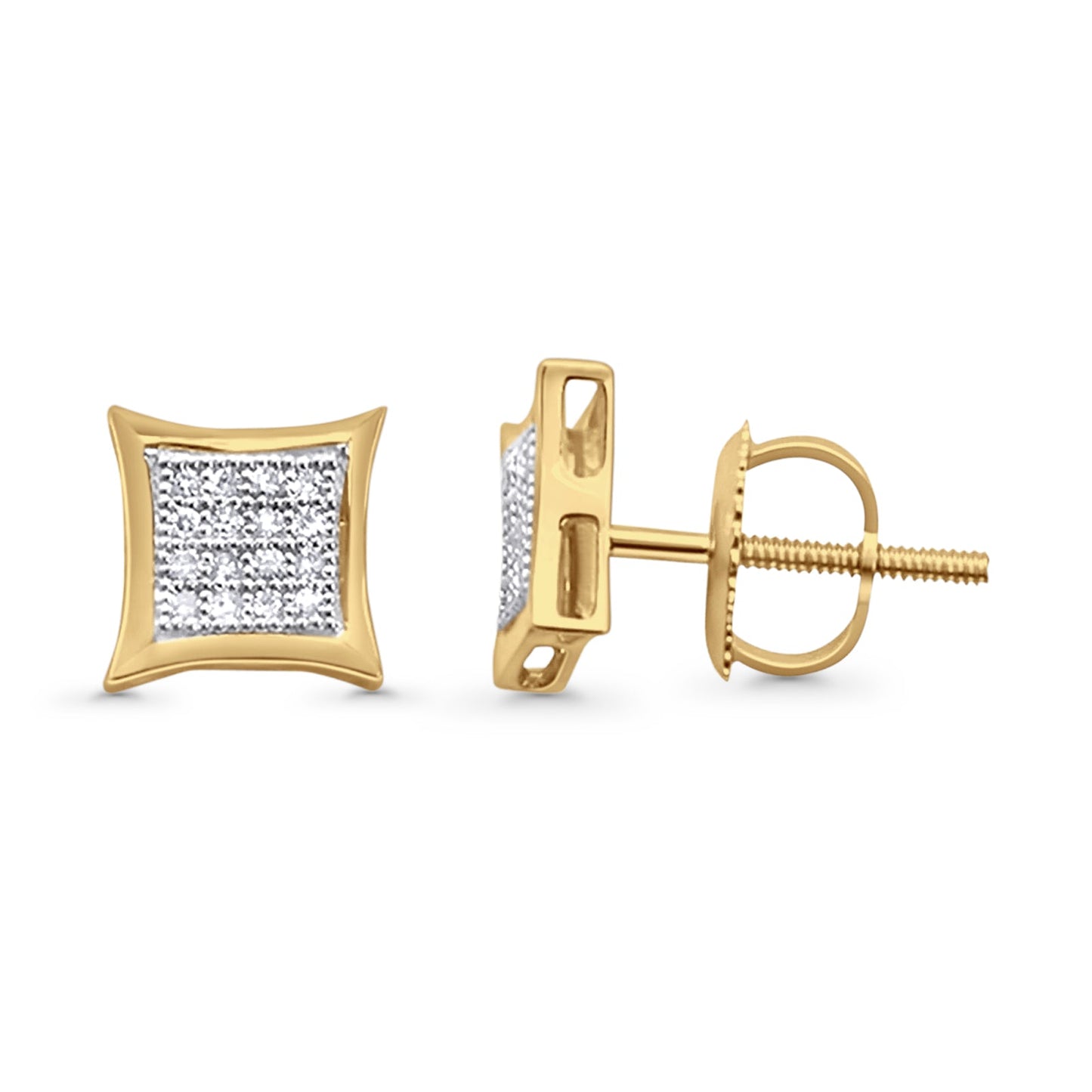 Solid 10K Yellow Gold 7.1mm Square Micro Pave Diamond Stud Earring Wholesale