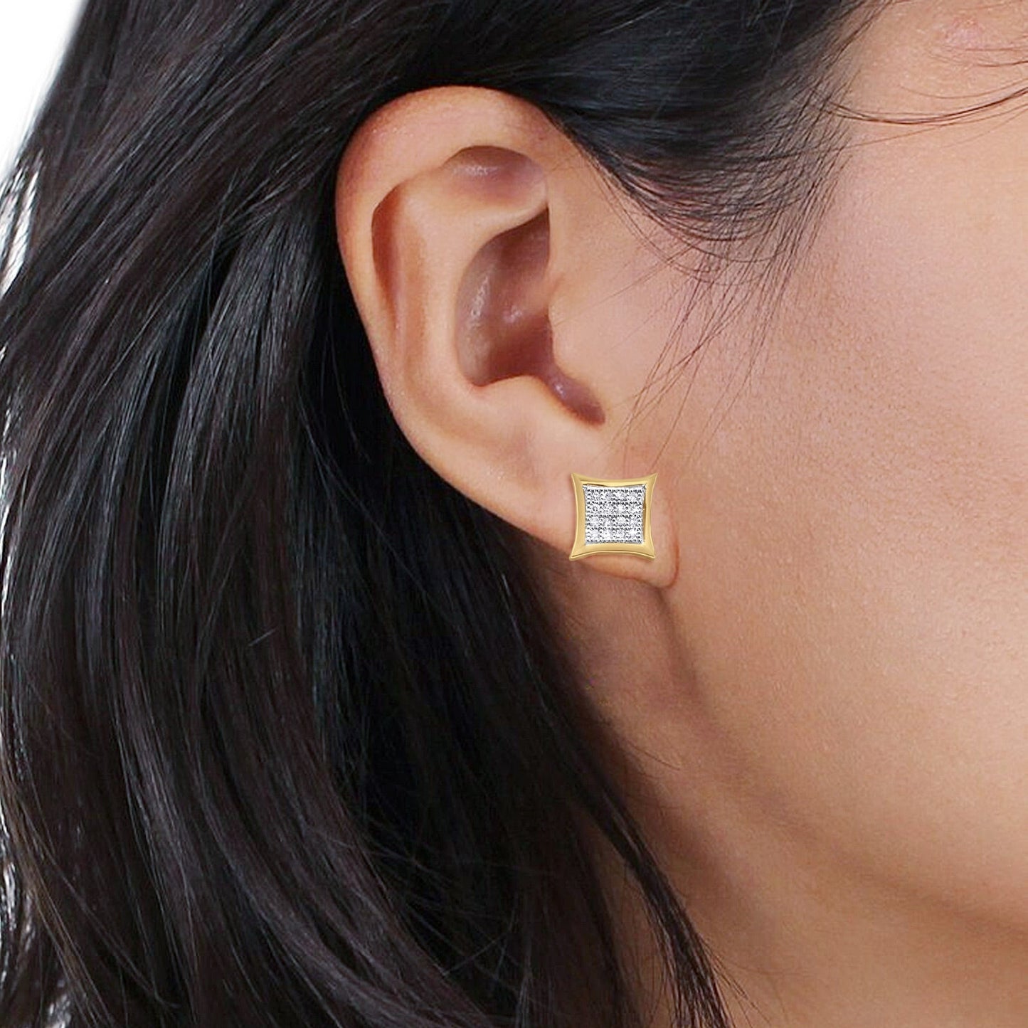 Solid 10K Yellow Gold 7.1mm Square Micro Pave Diamond Stud Earring Wholesale