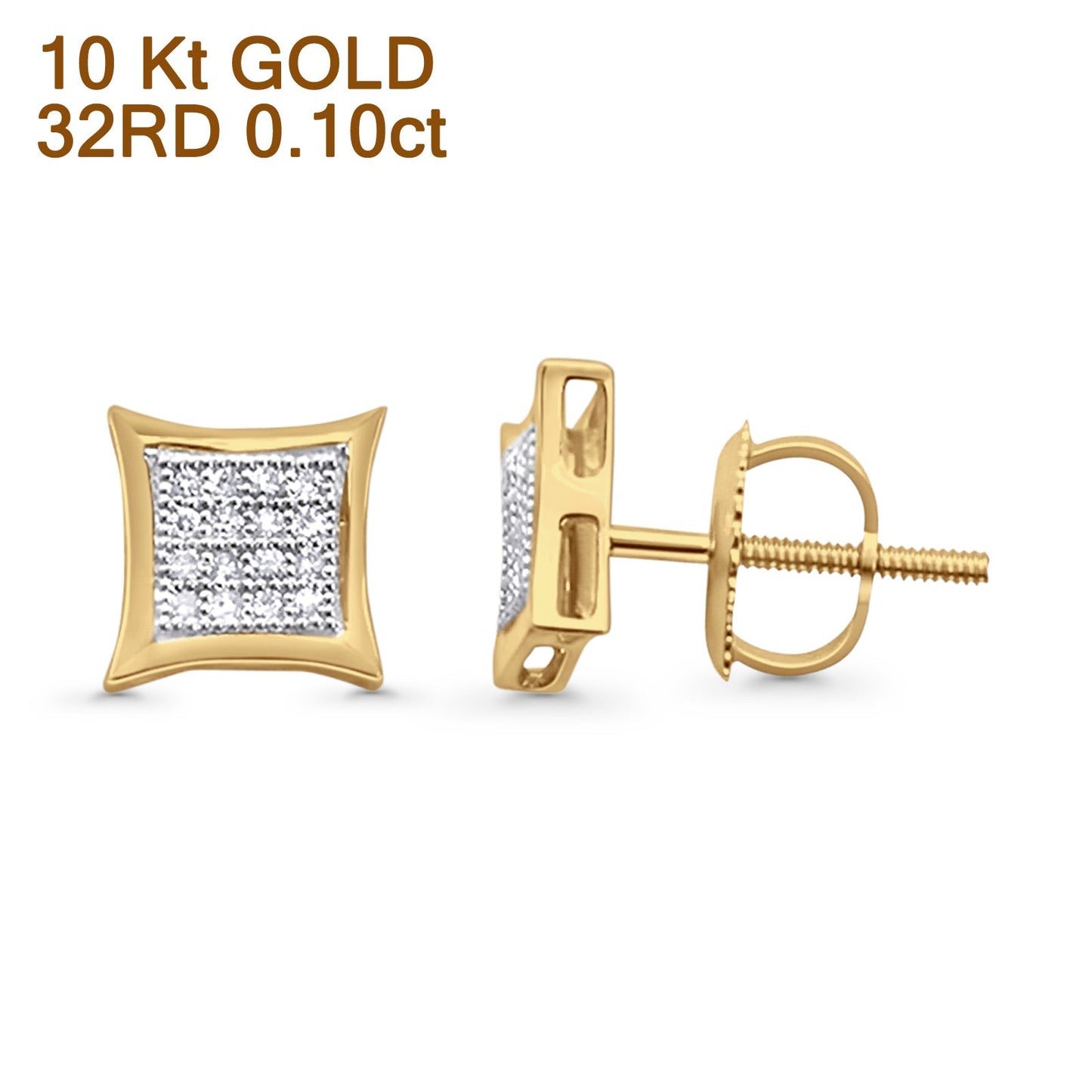 Solid 10K Yellow Gold 7.1mm Square Micro Pave Diamond Stud Earring Wholesale