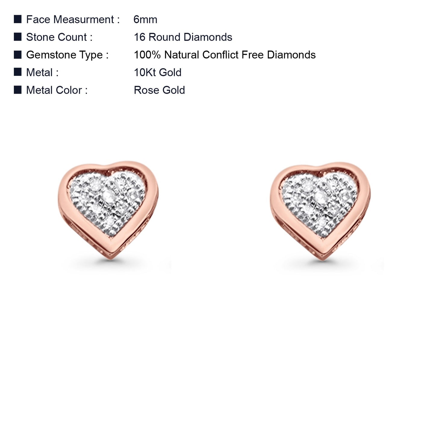 Solid 10K Rose Gold 6mm Diamond Heart Earrings Wholesale