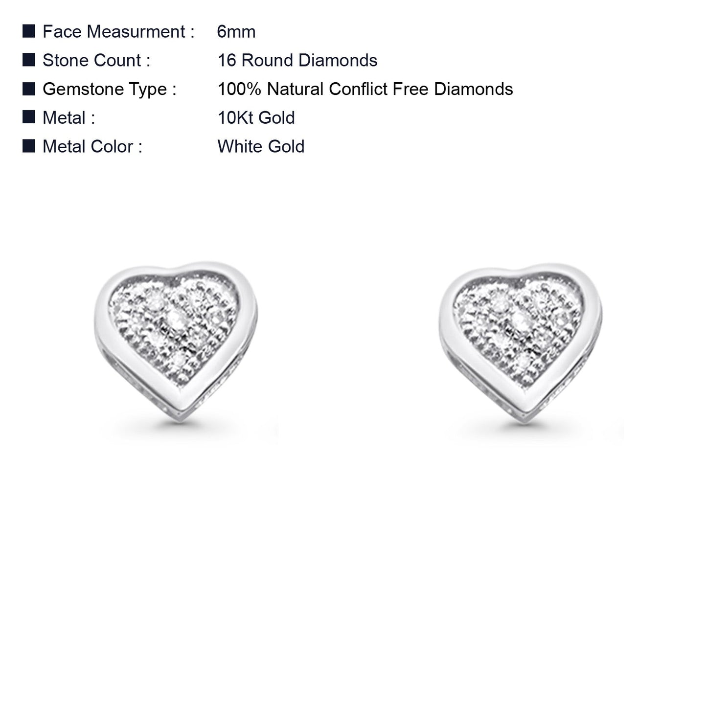 Solid 10K White Gold 6mm Diamond Heart Earrings Wholesale