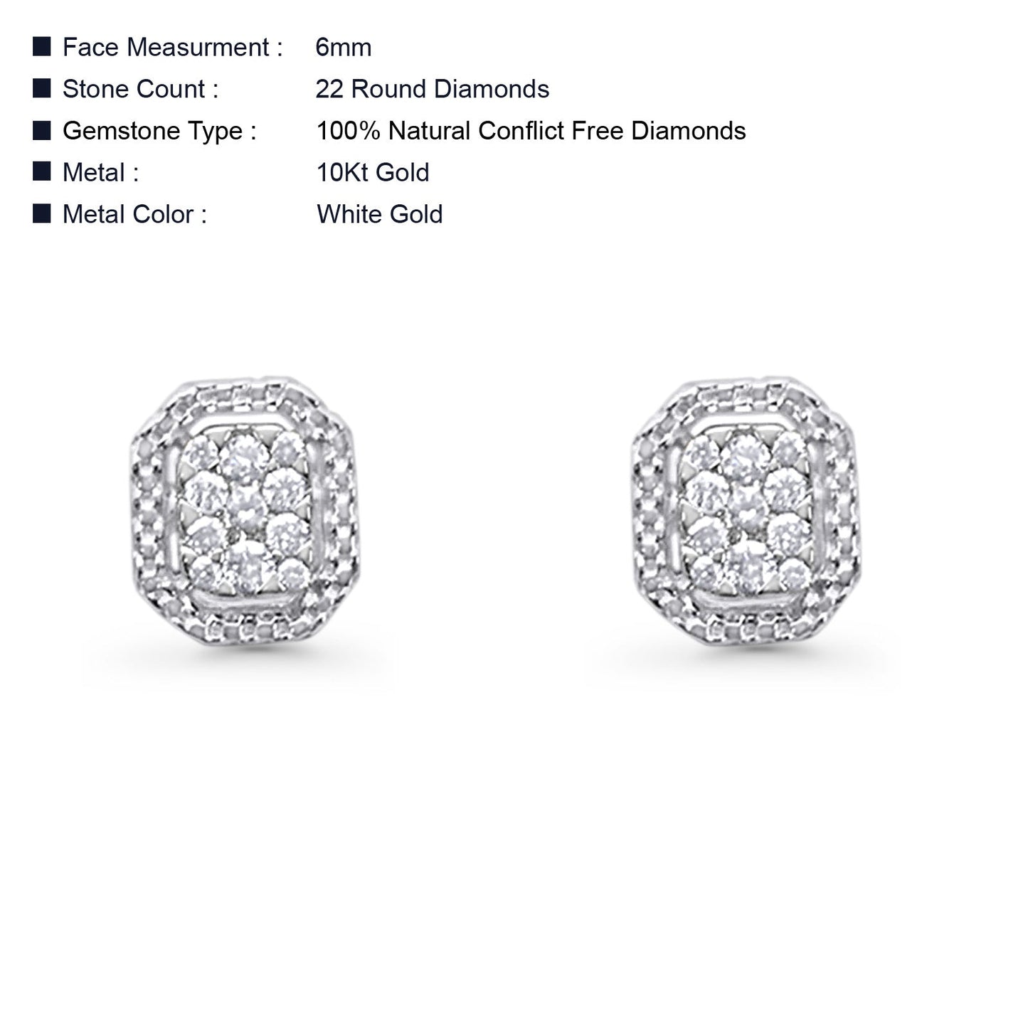 Solid 10K White Gold 6mm Classic Round Diamond Stud Earring Wholesale