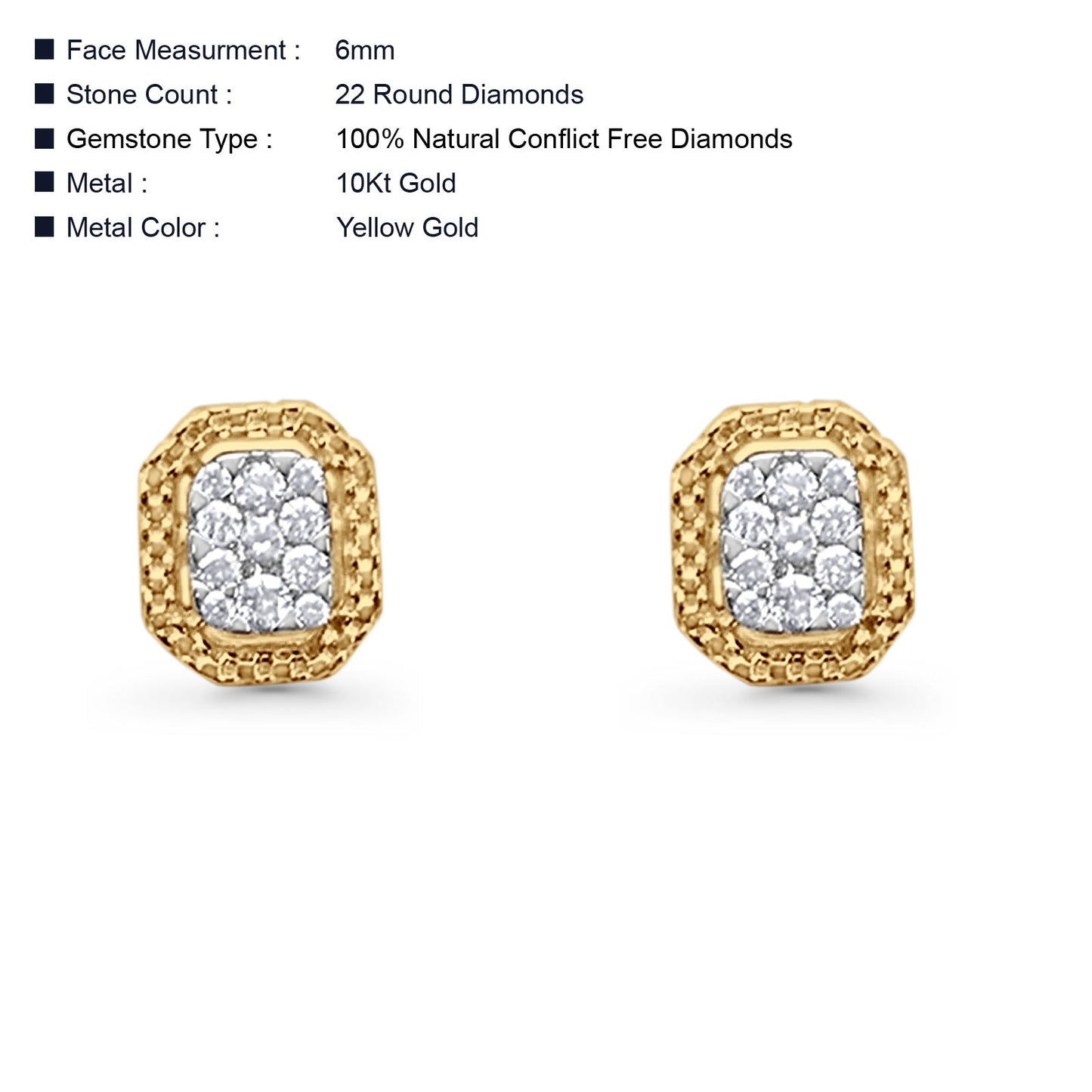 Solid 10K Yellow Gold 6mm Classic Round Diamond Stud Earring Wholesale