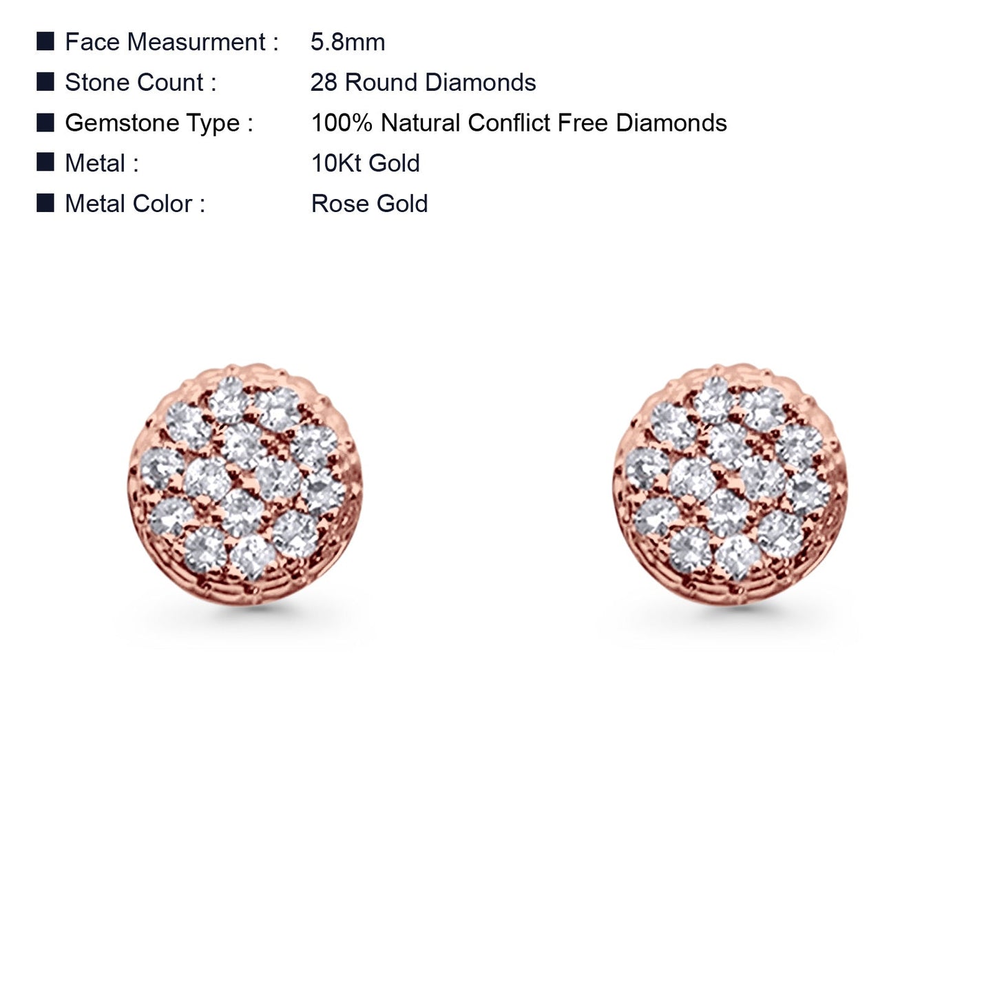 Solid 10K Rose Gold 5.8mm Round Diamond Stud Earrings Wholesale