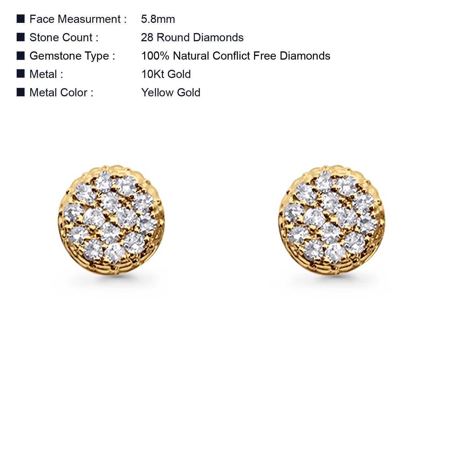 Solid 10K Yellow Gold 5.8mm Round Diamond Stud Earrings Wholesale