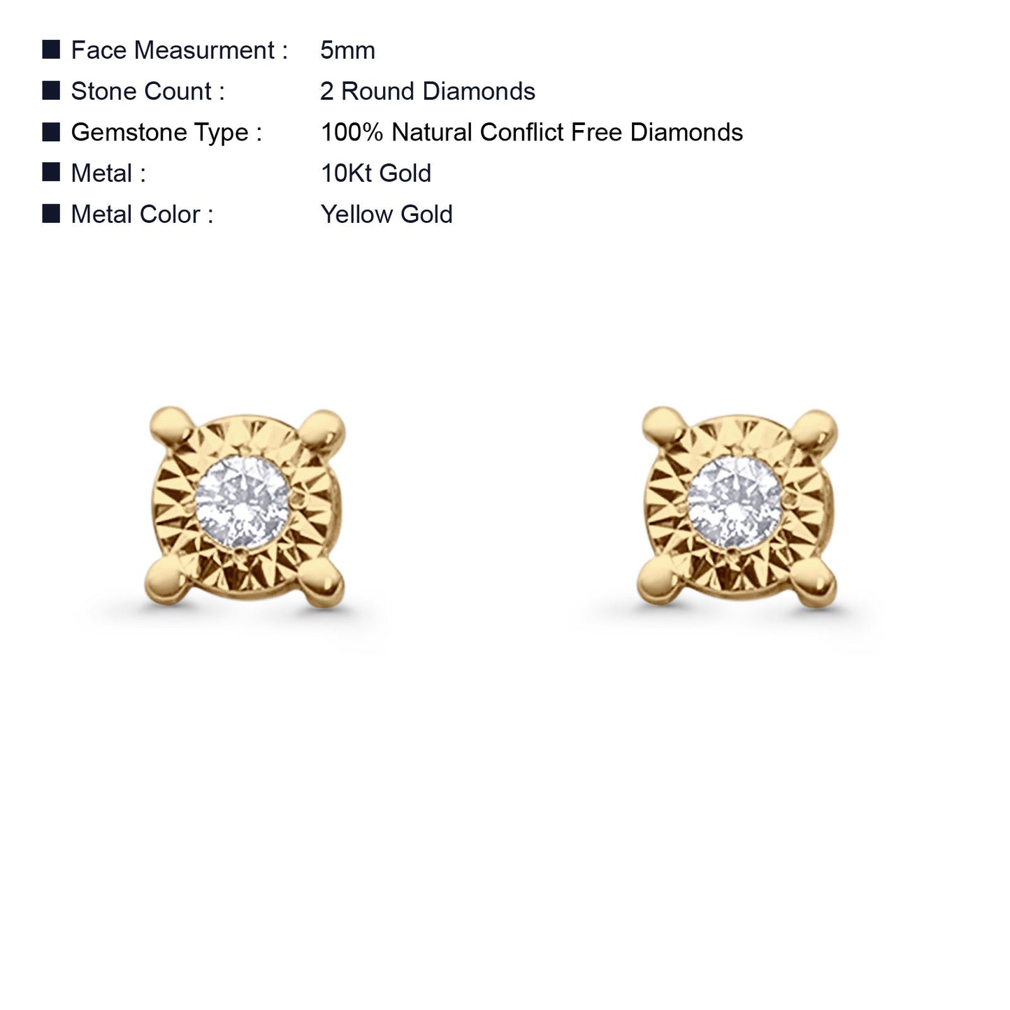 Solid 10K Yellow Gold 5mm Round Classic Diamond Stud Earrings Wholesale