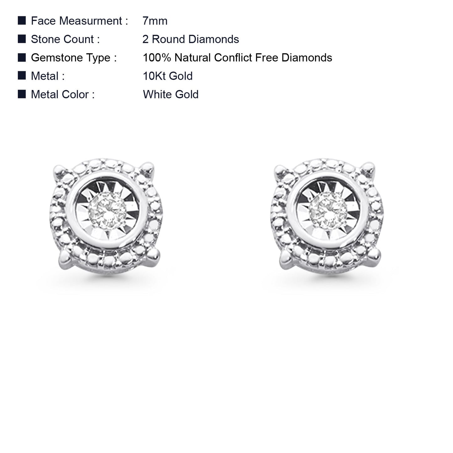 Solid 10K White Gold 7mm Round Diamond Stud Earrings Wholesale