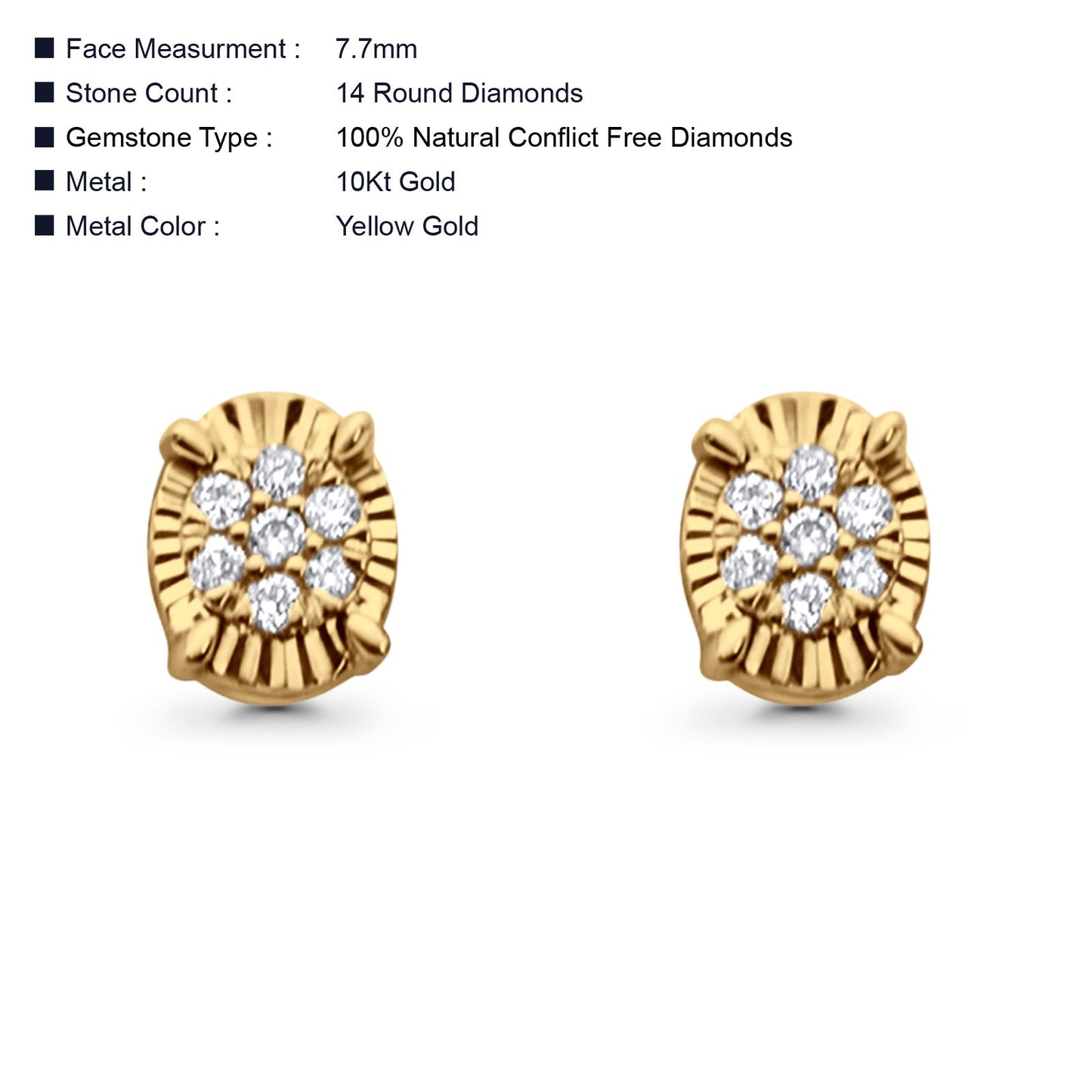 Solid 10K Yellow Gold 7.7mm Round Diamond Stud Earrings Wholesale