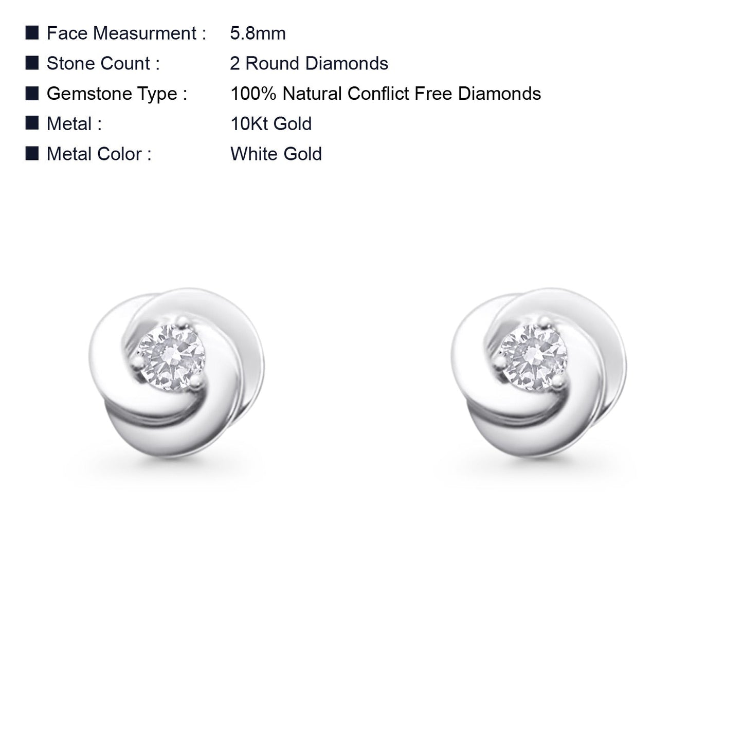 Solid 10K White Gold 5.8mm Round Diamond Stud Earrings Wholesale