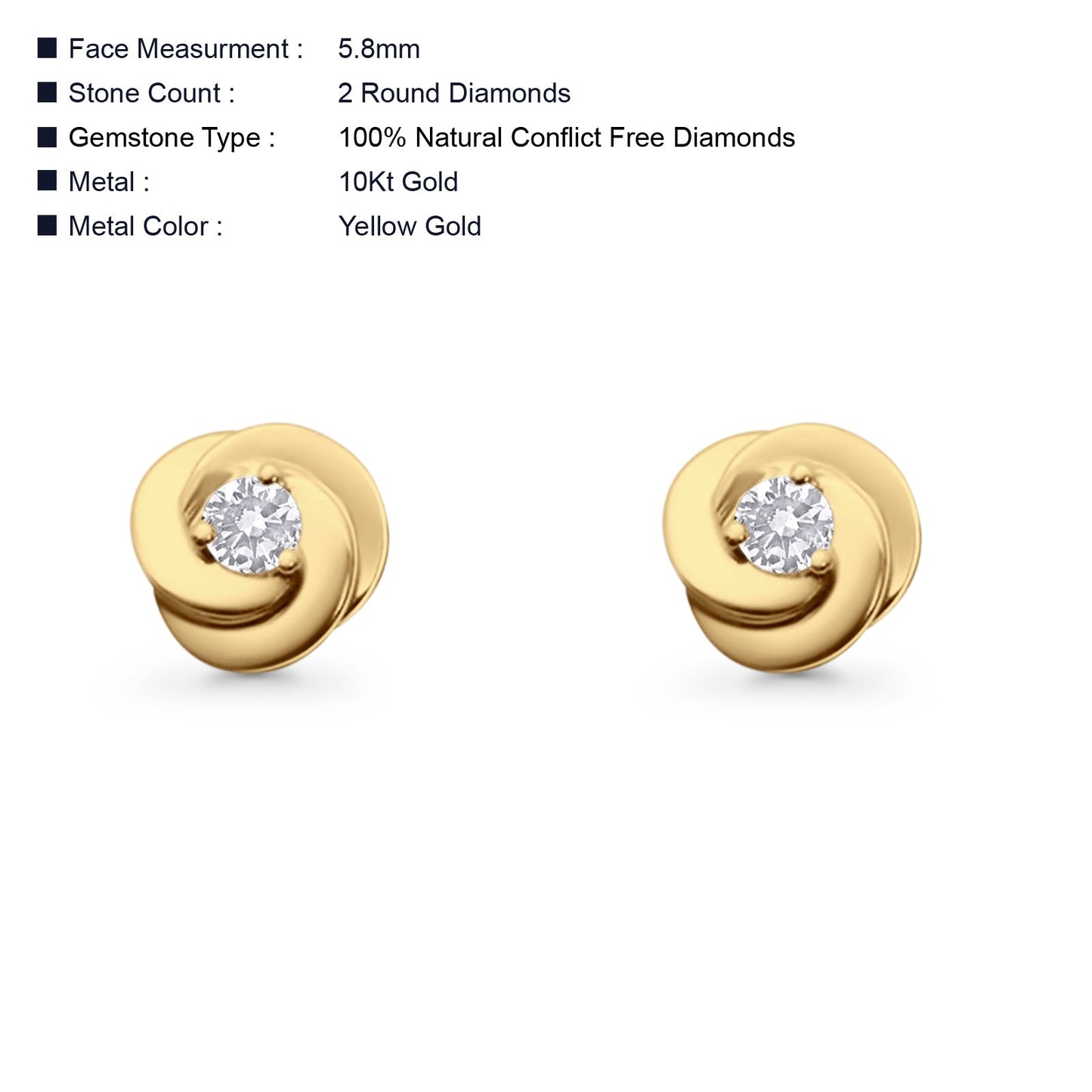 Solid 10K Yellow Gold 5.8mm Round Diamond Stud Earrings Wholesale