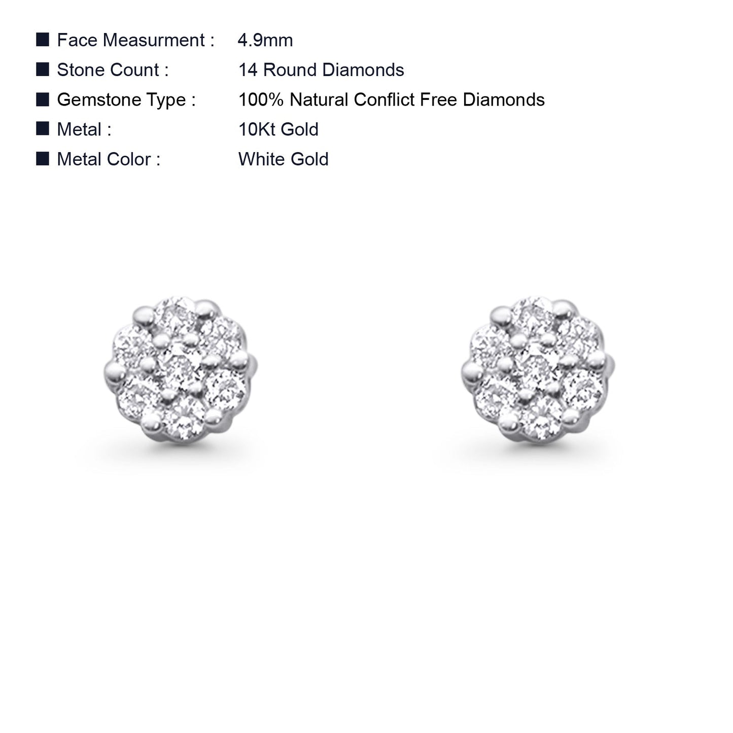 Solid 10K White Gold 4.9mm Round Cluster Diamond Stud Earrings Wholesale