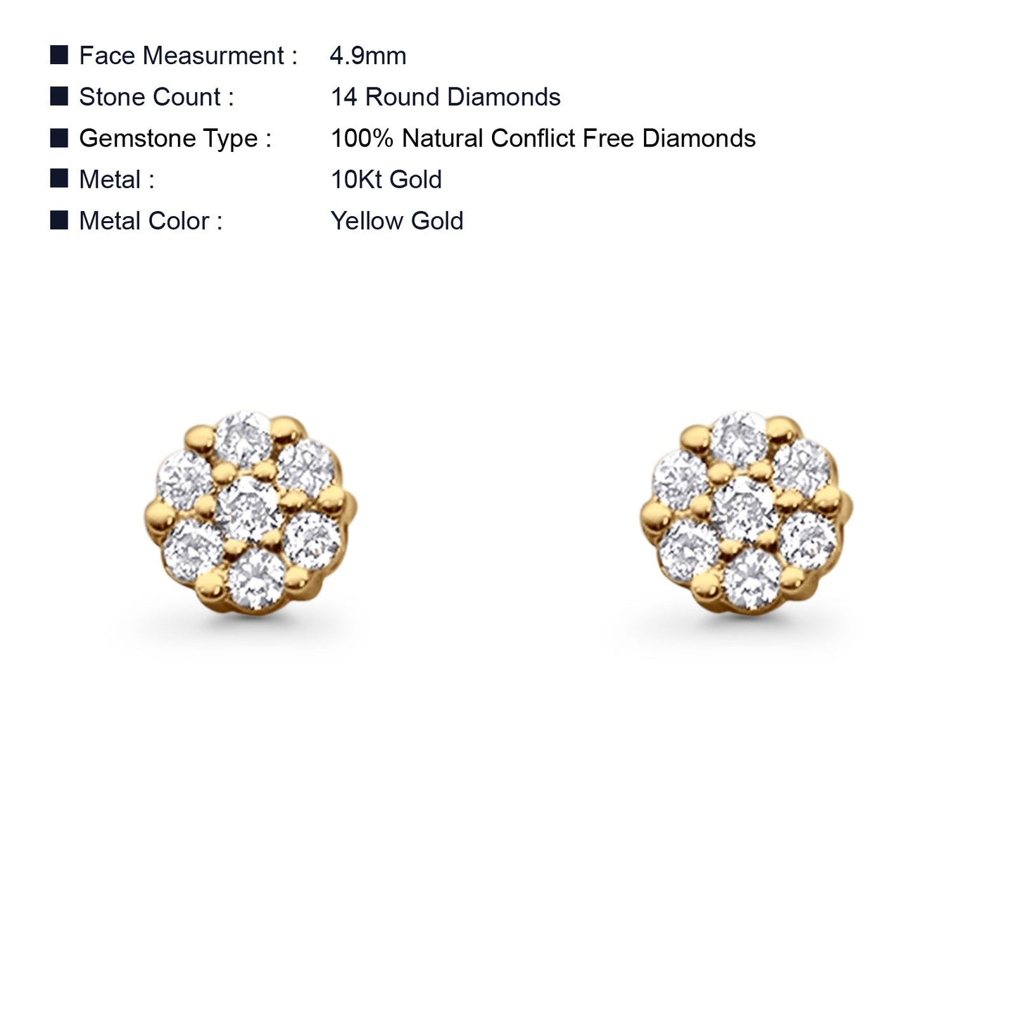 Solid 10K Yellow Gold 4.9mm Round Cluster Diamond Stud Earrings Wholesale