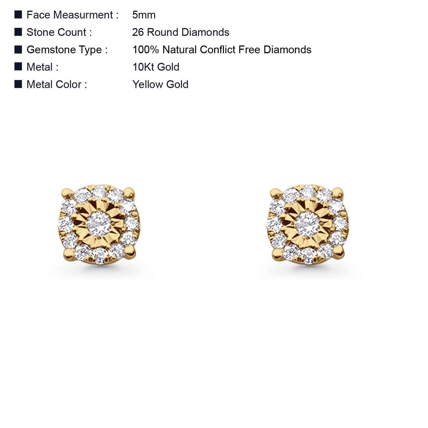 Solid 10K Yellow Gold 5mm Classic Round Diamond Stud Earrings Wholesale