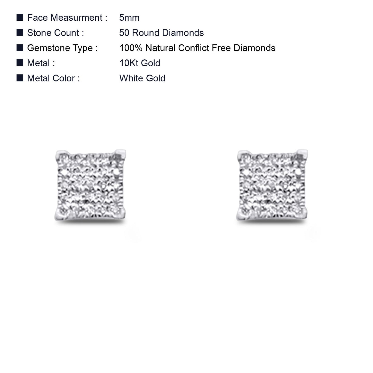 Solid 10K White Gold 5mm Square Classic Round Fine Diamond Stud Earrings Wholesale