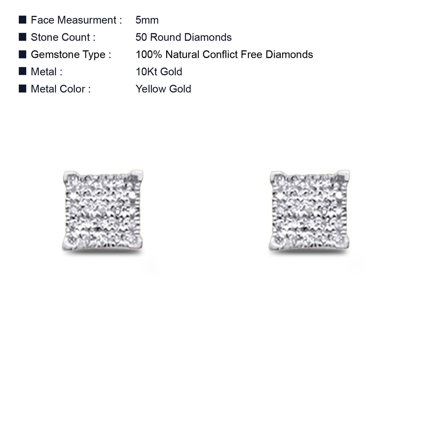 Solid 10K Yellow Gold 5mm Square Classic Round Fine Diamond Stud Earrings Wholesale