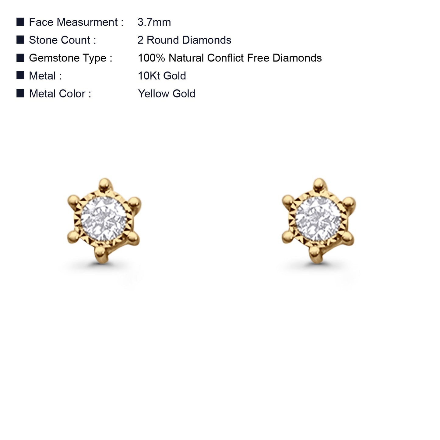 Solid 10K Yellow Gold 3.7mm Round Diamond Stud Earrings Wholesale