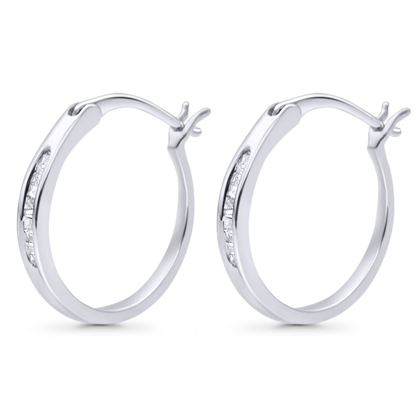 Solid 10K White Gold 12.7mm Baguette Diamond Hoop Earrings Wholesale