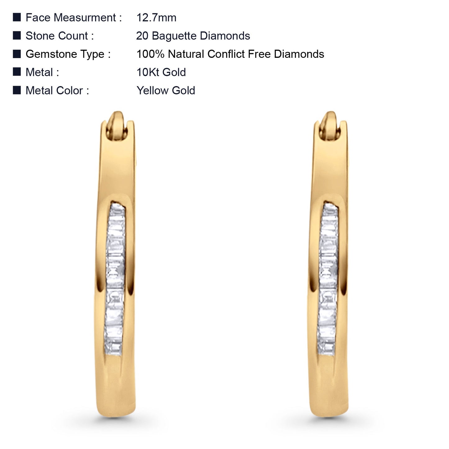 Solid 10K Yellow Gold 12.7mm Baguette Diamond Hoop Earrings Wholesale