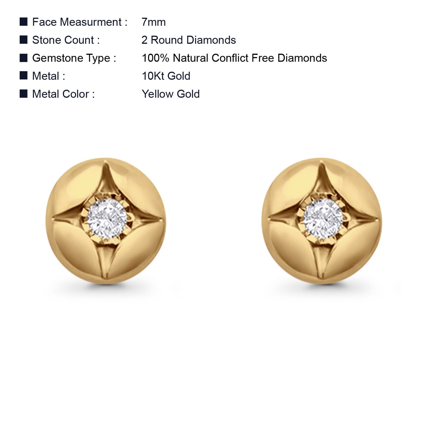 Solid 10K Yellow Gold 7mm Round Half Ball Star Shaped Diamond Stud Earrings Wholesale