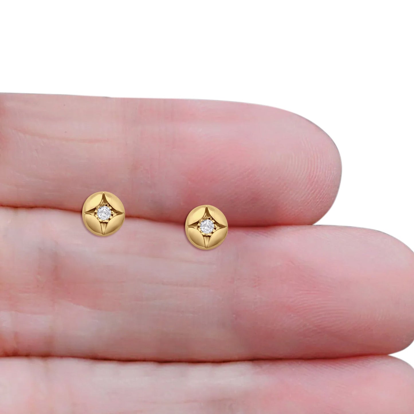 Solid 10K Yellow Gold 7mm Round Half Ball Star Shaped Diamond Stud Earrings Wholesale