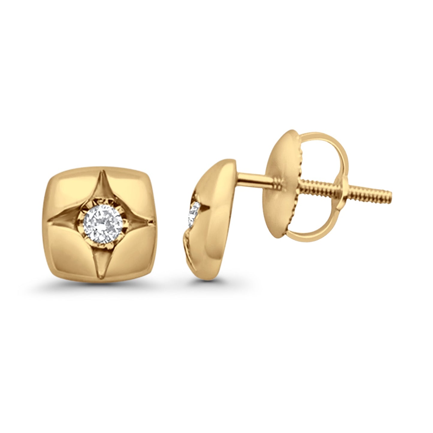 Solid 10K Yellow Gold 7.1mm Square Shaped Round Fine Diamond Stud Earrings Wholesale