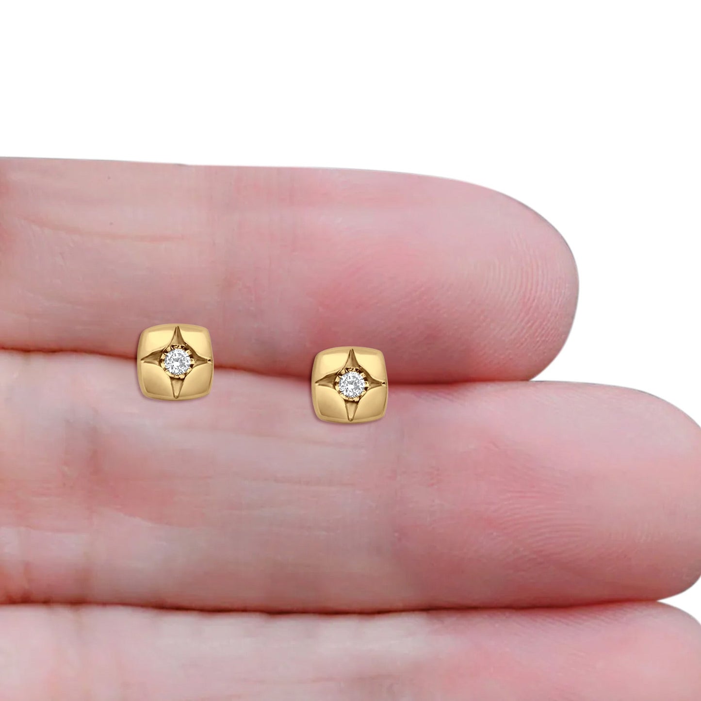 Solid 10K Yellow Gold 7.1mm Square Shaped Round Fine Diamond Stud Earrings Wholesale