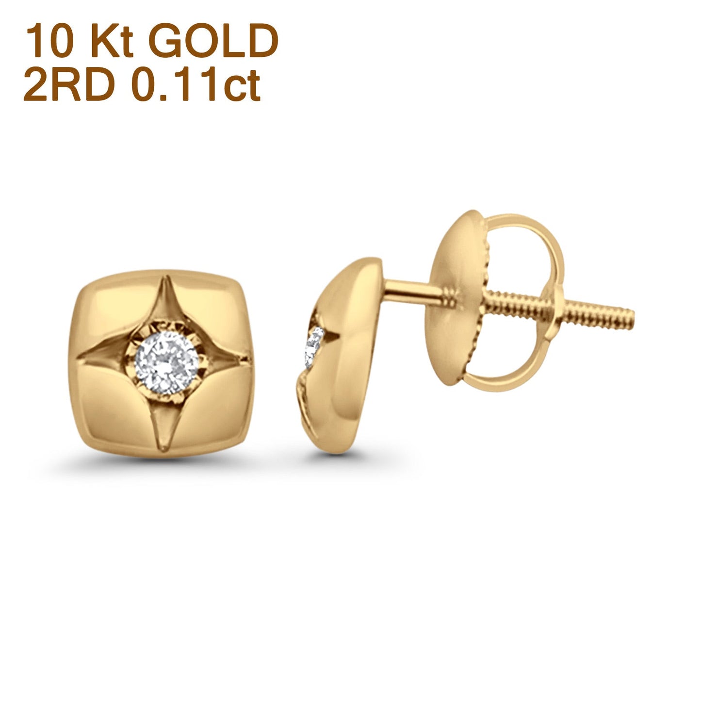 Solid 10K Yellow Gold 7.1mm Square Shaped Round Fine Diamond Stud Earrings Wholesale