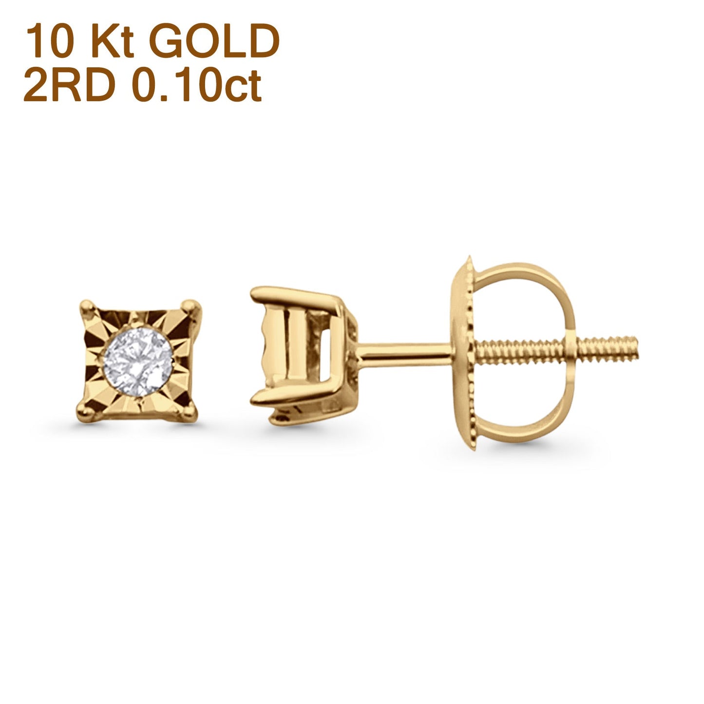 Solid 10K Yellow Gold 4mm Square Shaped Round Diamond Stud Earrings Wholesale