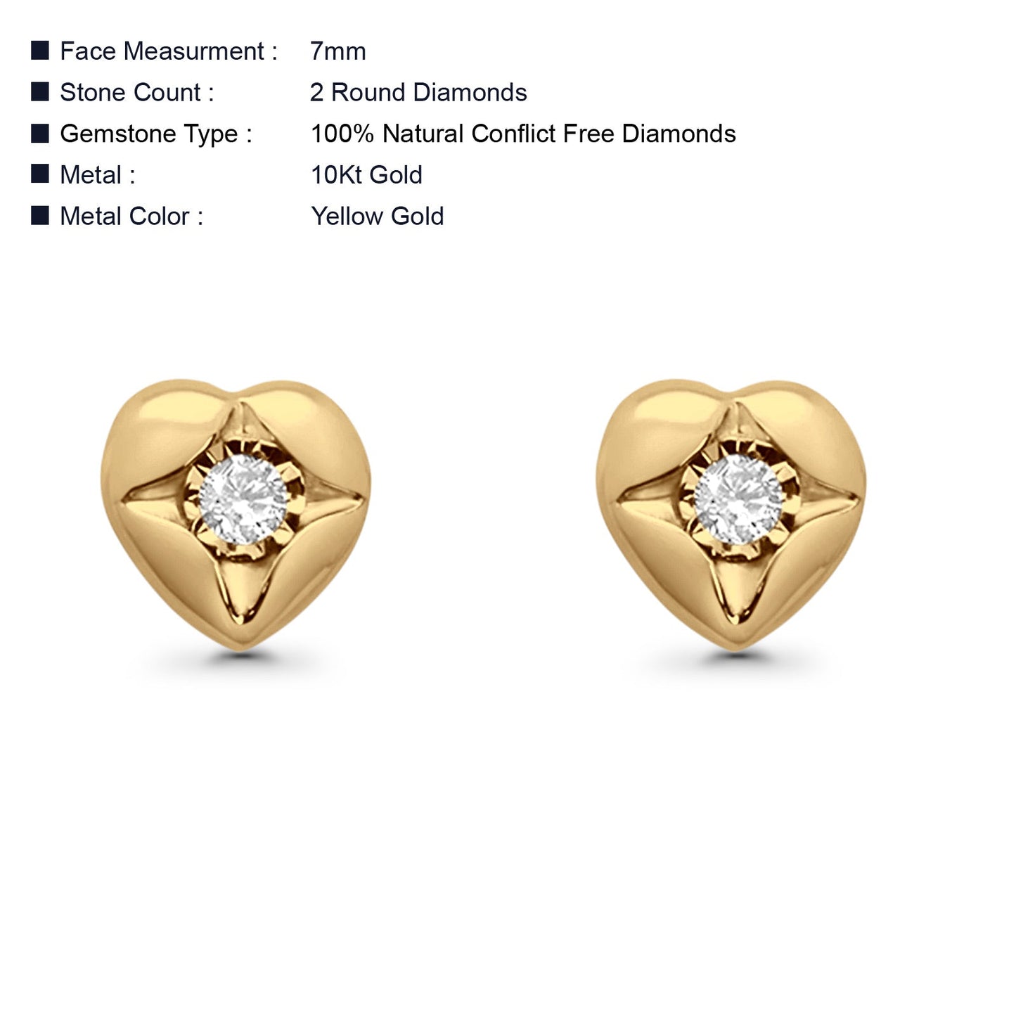 Solid 10K Yellow Gold 7mm Heart Shaped Round Diamond Stud Earrings Wholesale