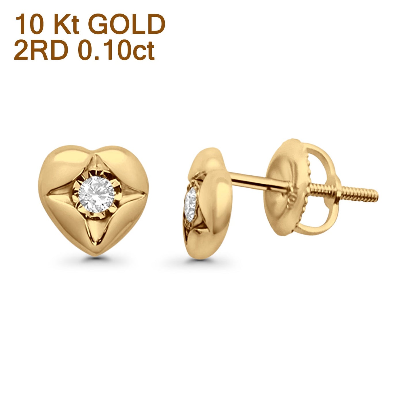 Solid 10K Yellow Gold 7mm Heart Shaped Round Diamond Stud Earrings Wholesale