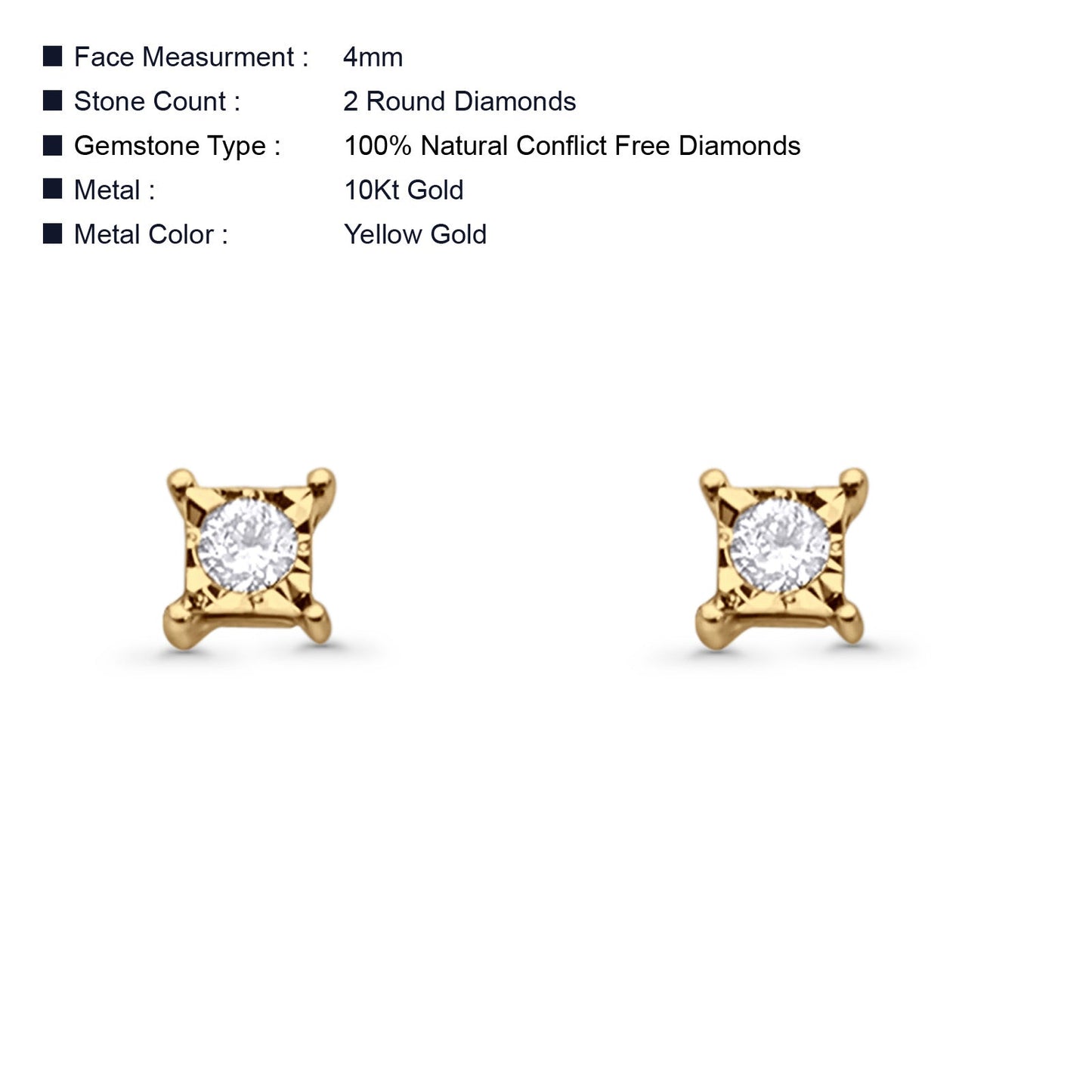 Solid 10K Yellow Gold 4mm Square Shaped Round Diamond Stud Earrings Wholesale